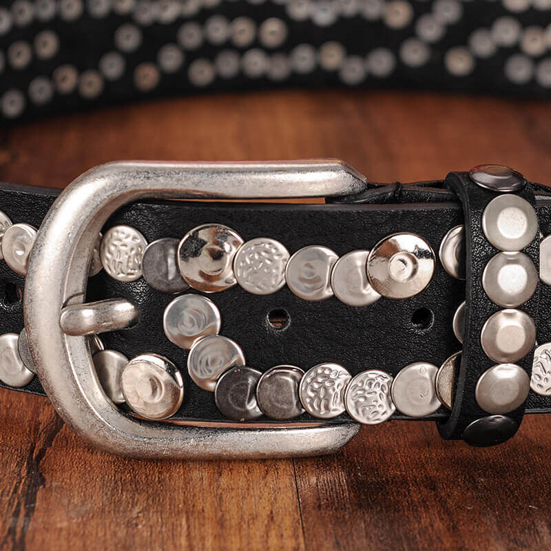 Sera Chrome Vintage Skinny Studded Leather Belt | WAAMII