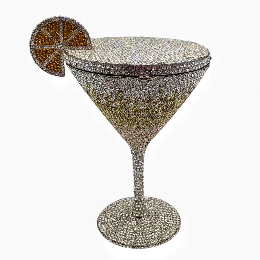 CrystaTini Stemmed Cocktail Clutch with Lemon Slice & Mirror Lid in Pineapple Snow - WAAMII