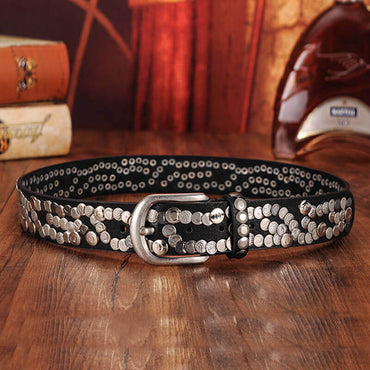 Sera Chrome Vintage Skinny Studded Leather Belt in Black - WAAMII