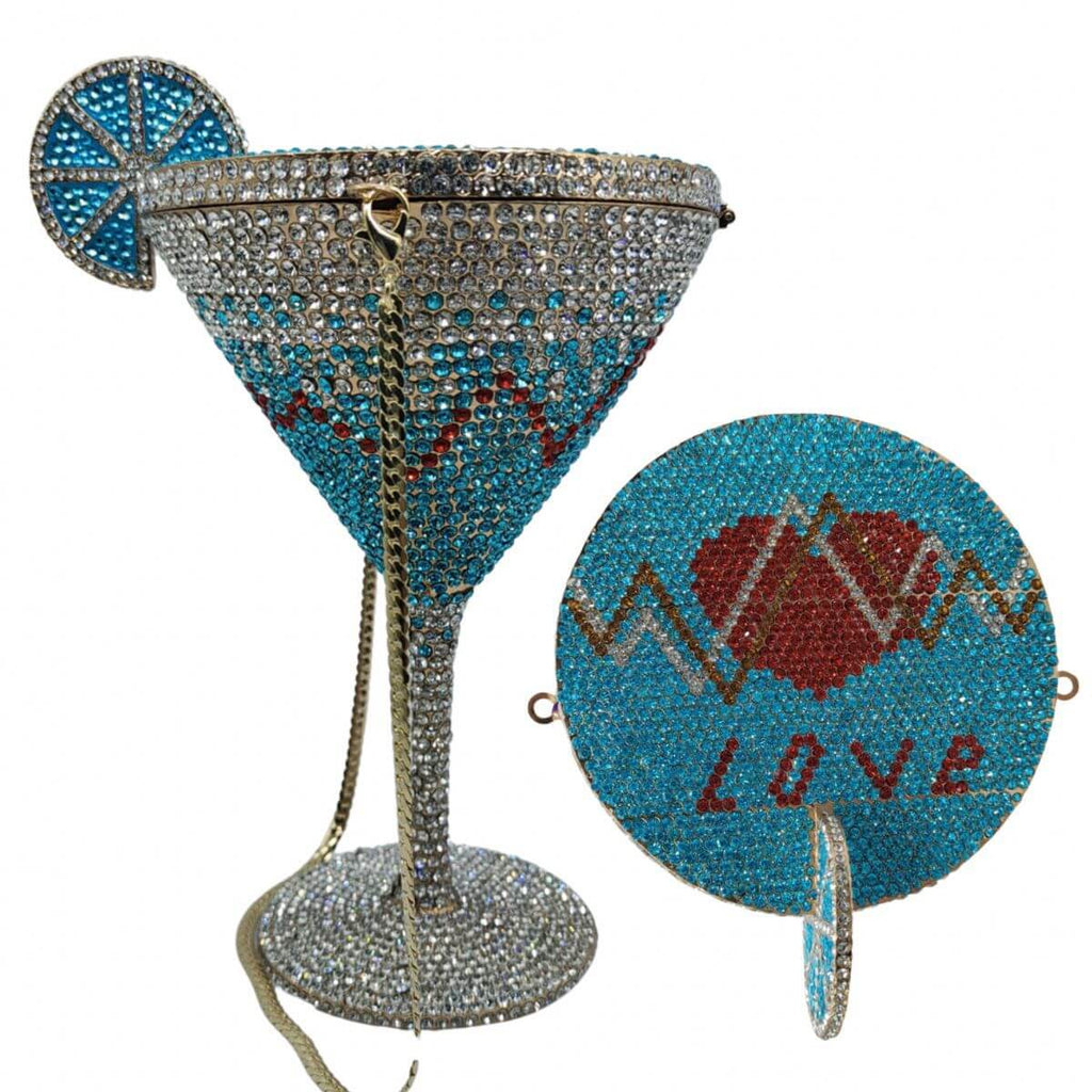 CrystaTini Stemmed Cocktail Clutch with Lemon Slice & Mirror Lid in Heartbeat Blue - WAAMII