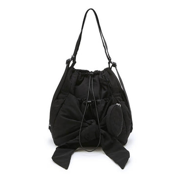 Bowknot Drawstring Embroidered Backpack 2-in-1 Shoulder Bag in Black Small - WAAMII