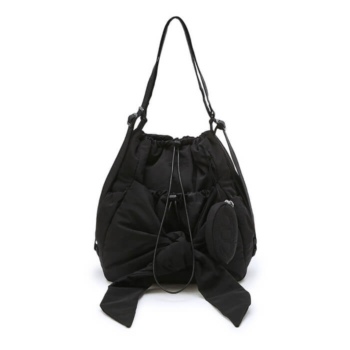 Bowknot Drawstring Embroidered Backpack 2-in-1 Shoulder Bag in Black Large - WAAMII