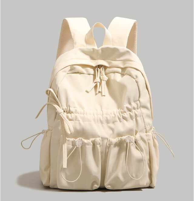 Bowknot Nylon Backpack Large Laptop School Bag For College Girls in Beige - WAAMII