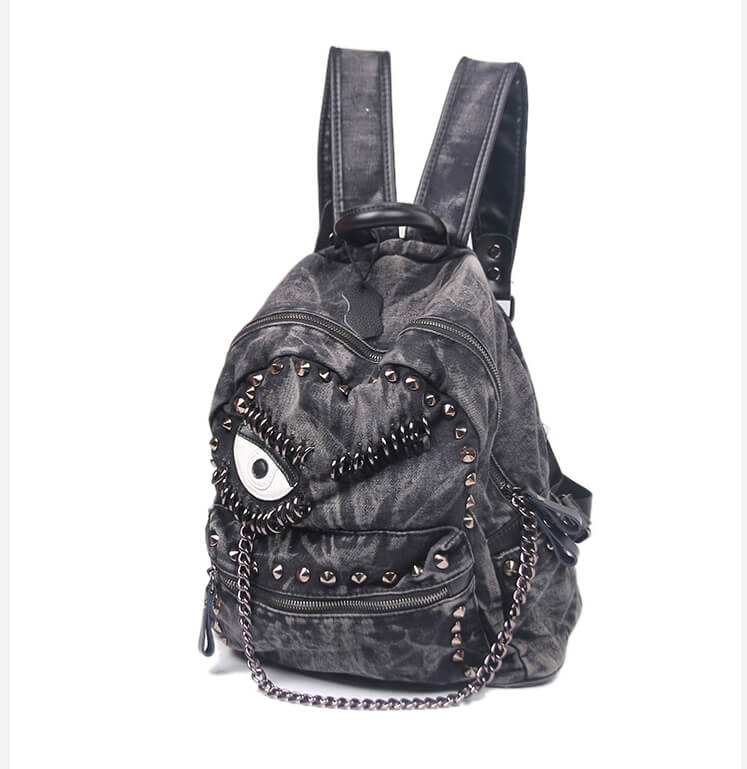 Black Denim Studded Chain Punk Backpack - Front view (4) - WAAMII