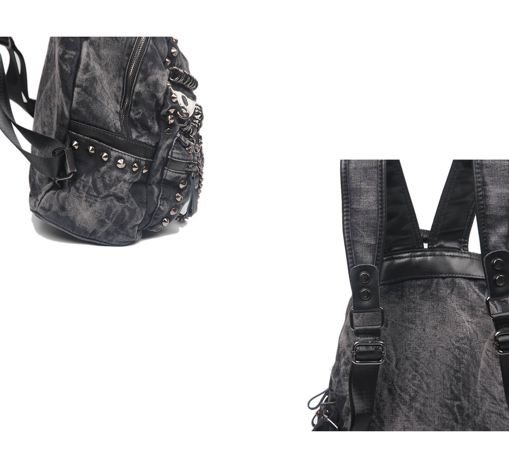 Black Denim Studded Chain Punk Backpack - 详情-09 view - WAAMII