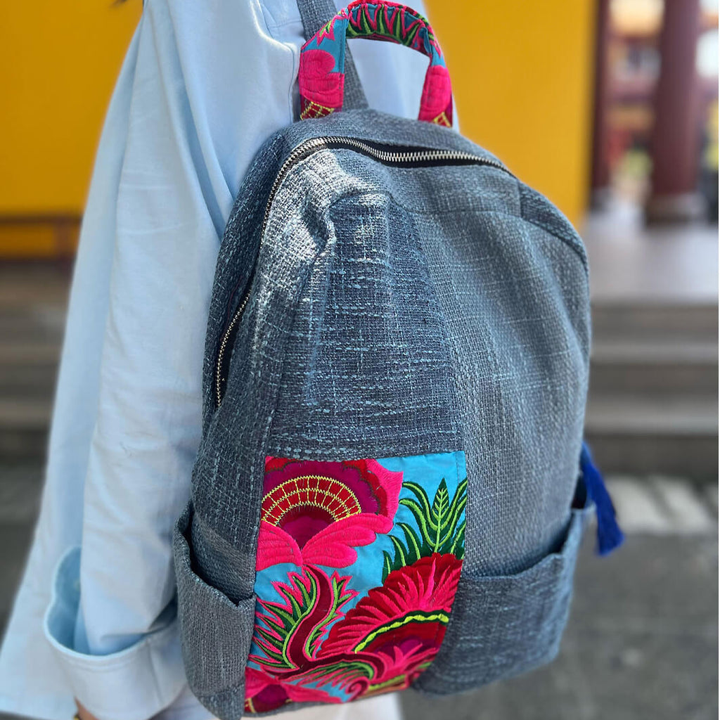 Ethnic Embroidered Colorblock Cotton Linen Backpack - 详情-17 view - WAAMII