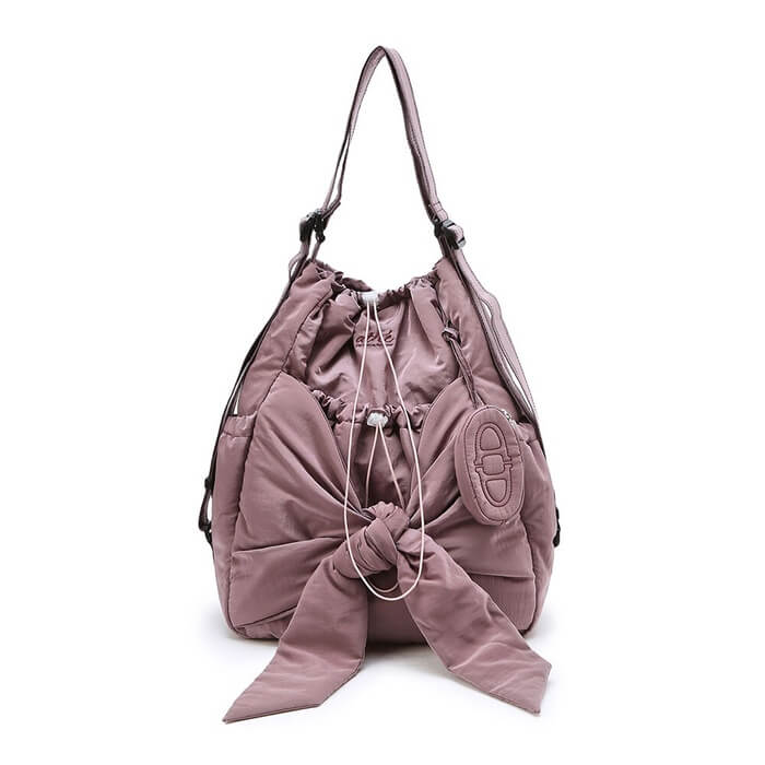 Bowknot Drawstring Embroidered Backpack 2-in-1 Shoulder Bag in Pink Large - WAAMII