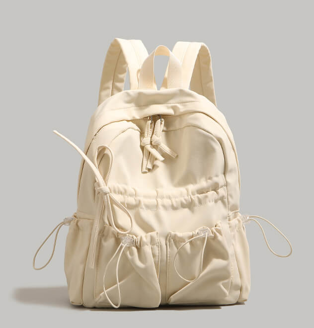 Bowknot Nylon Backpack Large Laptop School Bag For College Girls in Beige - WAAMII