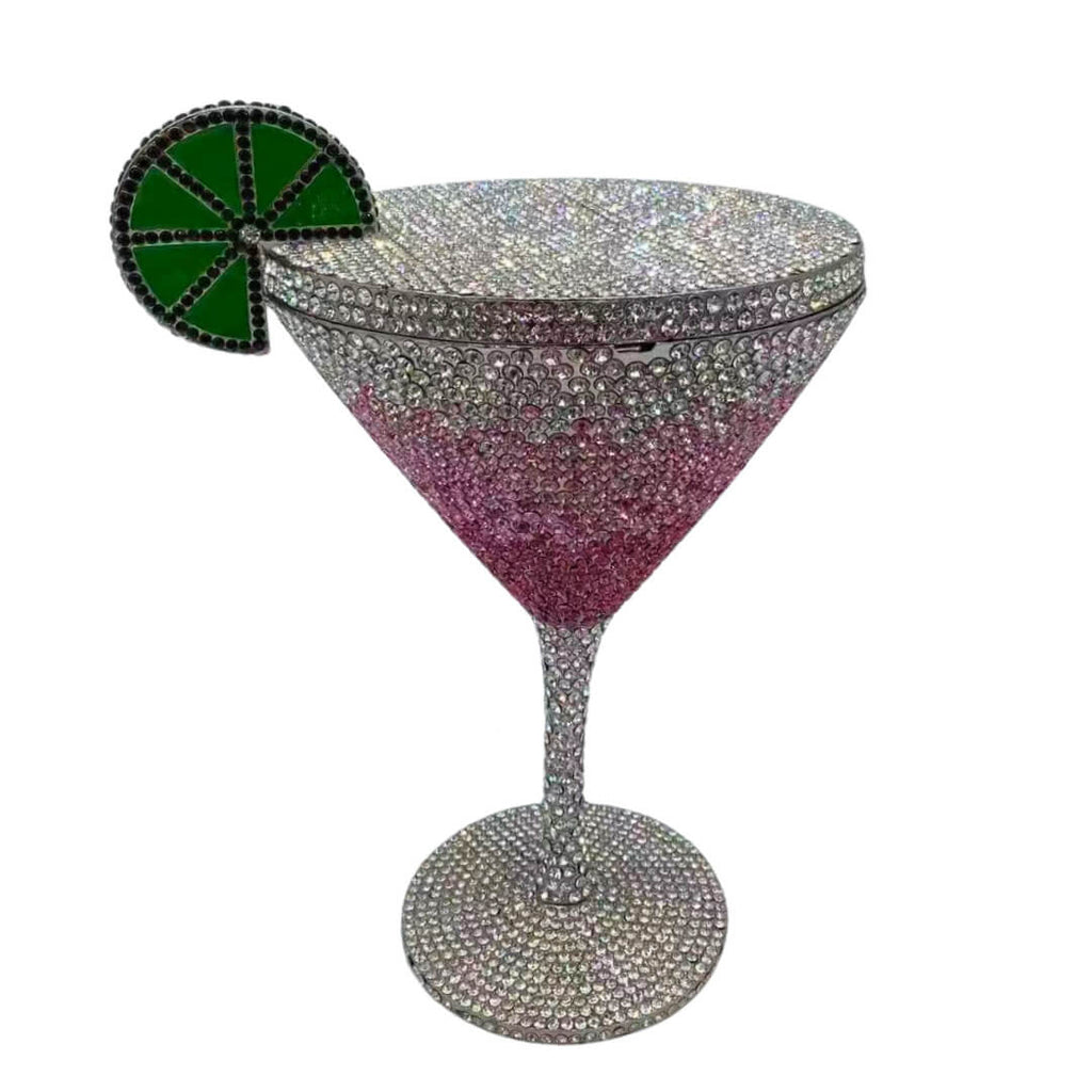 CrystaTini Stemmed Cocktail Clutch with Lemon Slice & Mirror Lid in Pink Memories - WAAMII