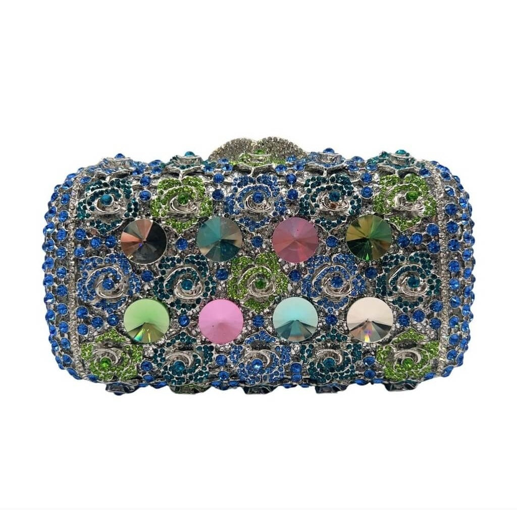 Azure Mosaic Rose Rectangular Crystal Clutch