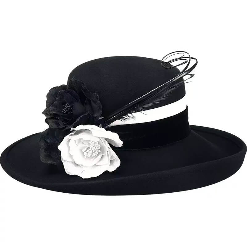 British Wide Brim Vintage Church Dress Hat, White Black British Wide Brim Vintage Church Dress Hat, White Black