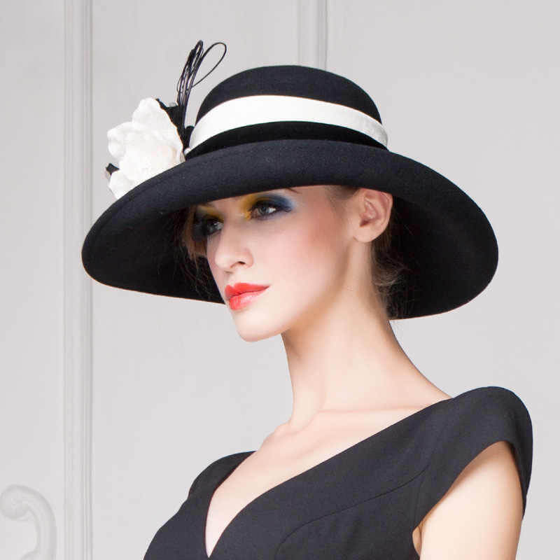 British Wide Brim Vintage Church Dress Hat, White Black