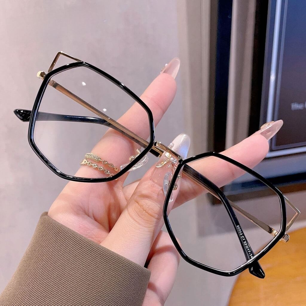 Cat-Ear Polygonal Alloy Glasses Frame W18072 - Gold Rimmed Glossy Black