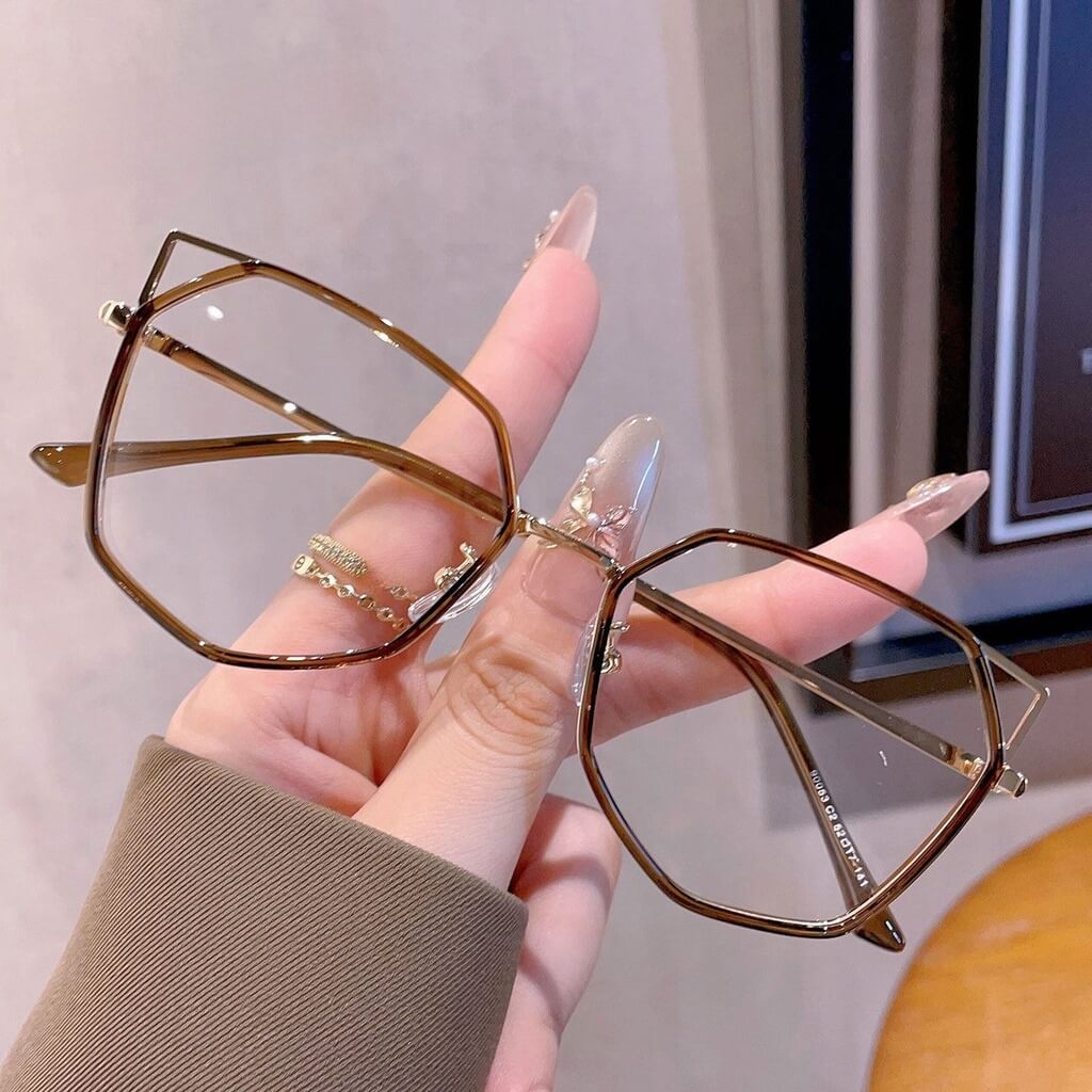 Cat-Ear Polygonal Alloy Glasses Frame W18072 - Golden Rim Coffee