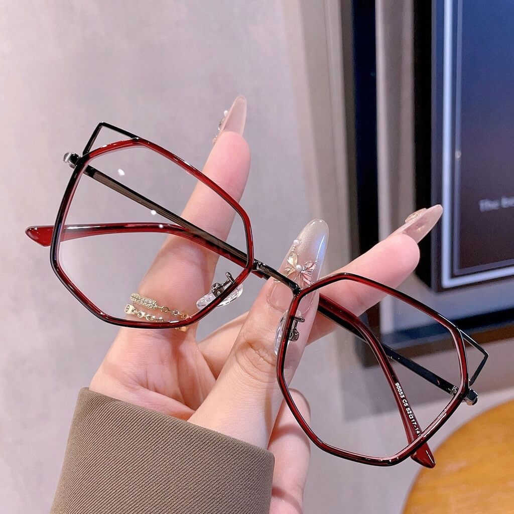 Cat-Ear Polygonal Alloy Glasses Frame W18072 - Red Tinted Gun Edge