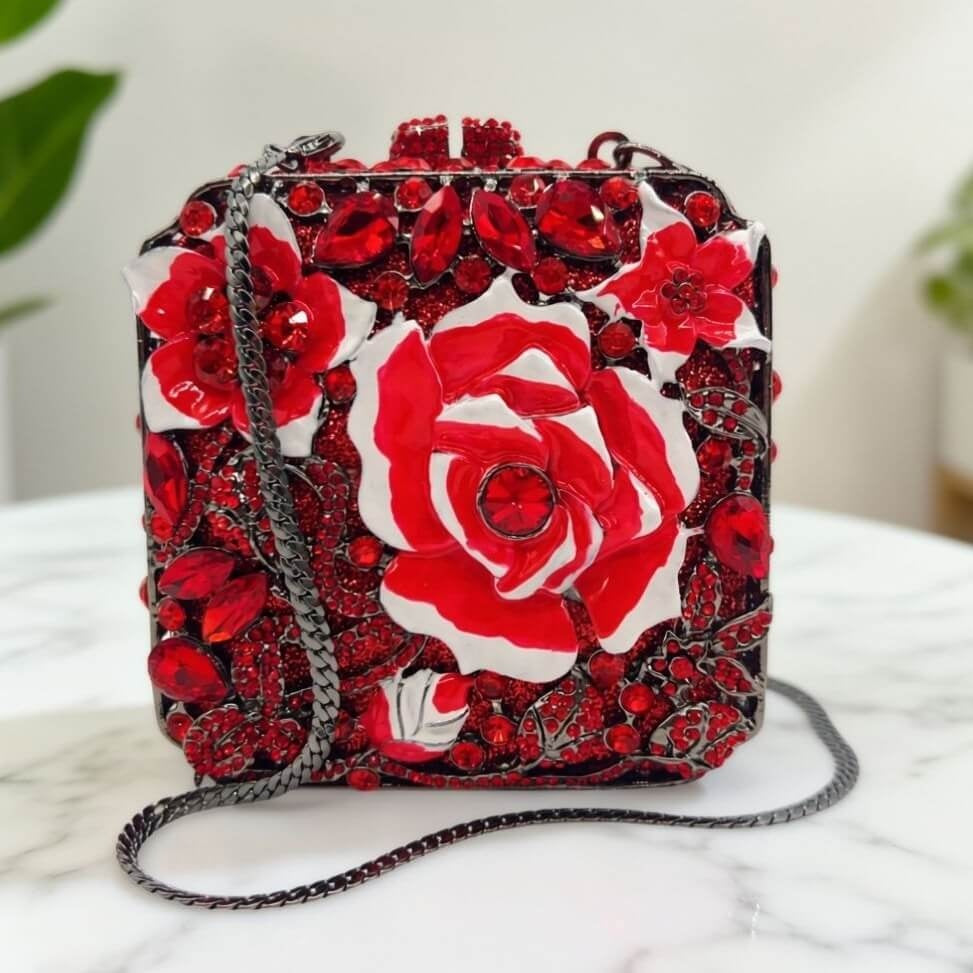 Crimson Opera Enamel Rose Rhinestone Clutch