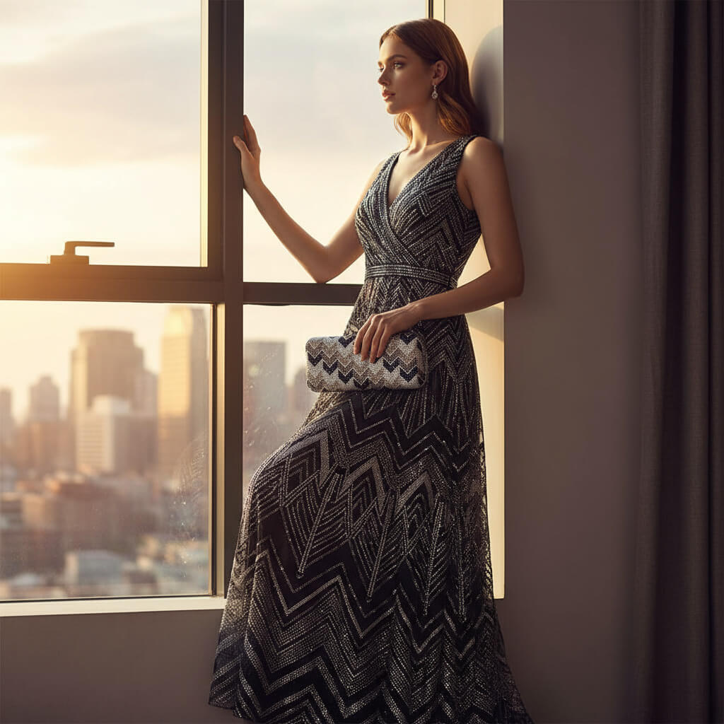 WAAMII Elegant Chevron Rhinestone Evening Clutch