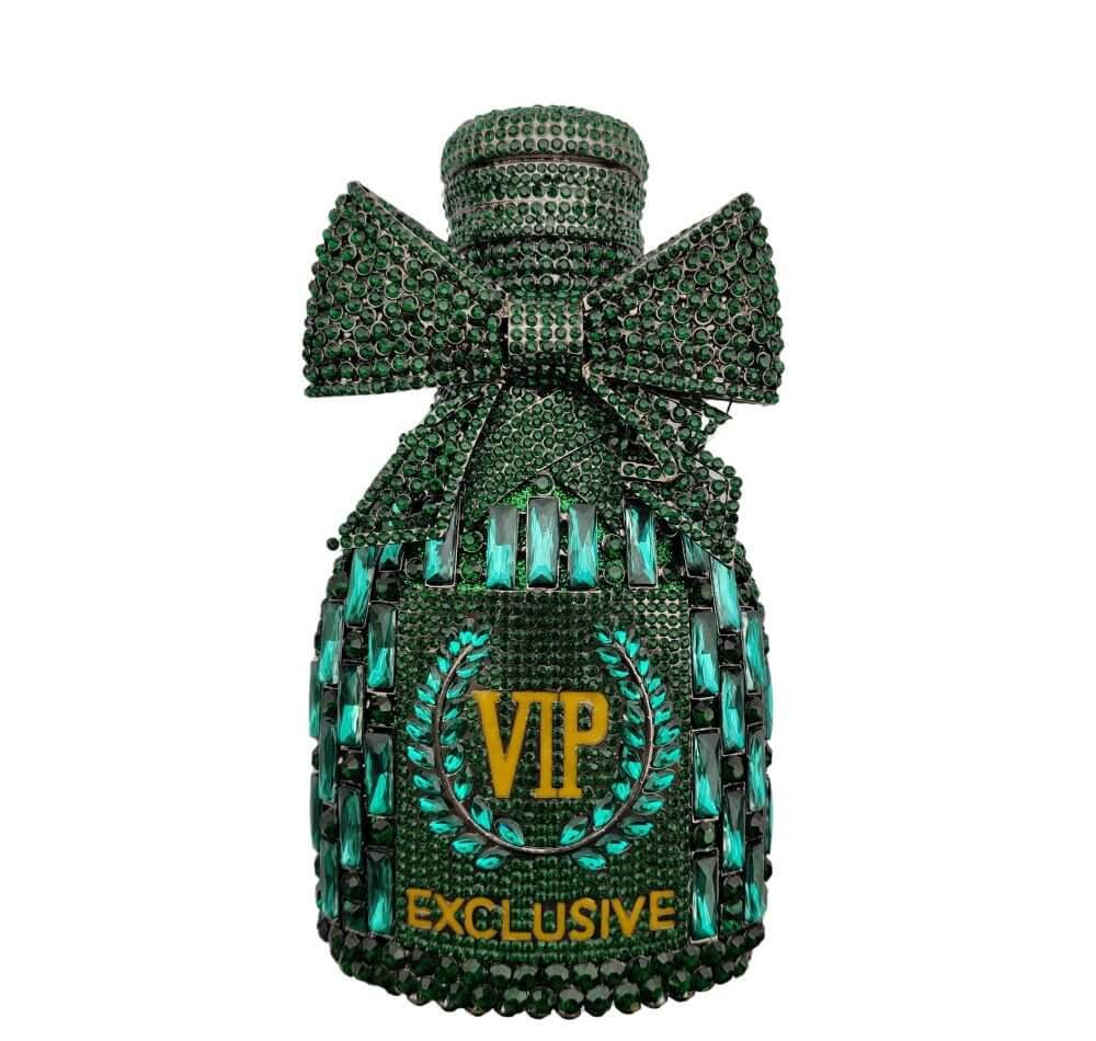 Étoile Bow Champagne Bottle Rhinestone Clutch - Emerald