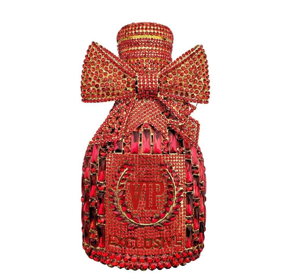 Étoile Bow Champagne Bottle Rhinestone Clutch - Red