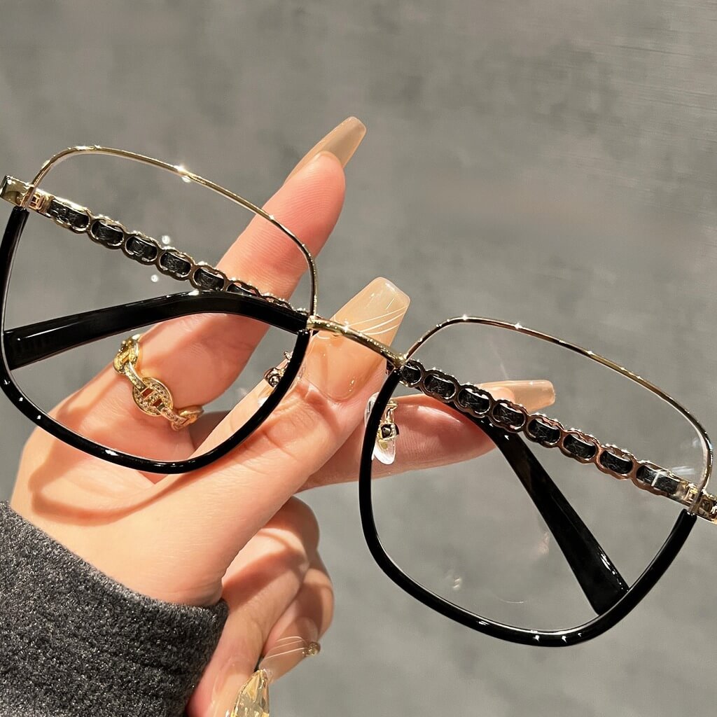 Luxury Chain Large Square Prescription Glasses W17279 - Charcoal Black Gold