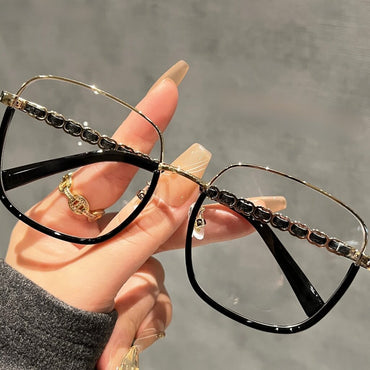 Luxury Chain Large Square Prescription Glasses W17279 - Charcoal Black Gold