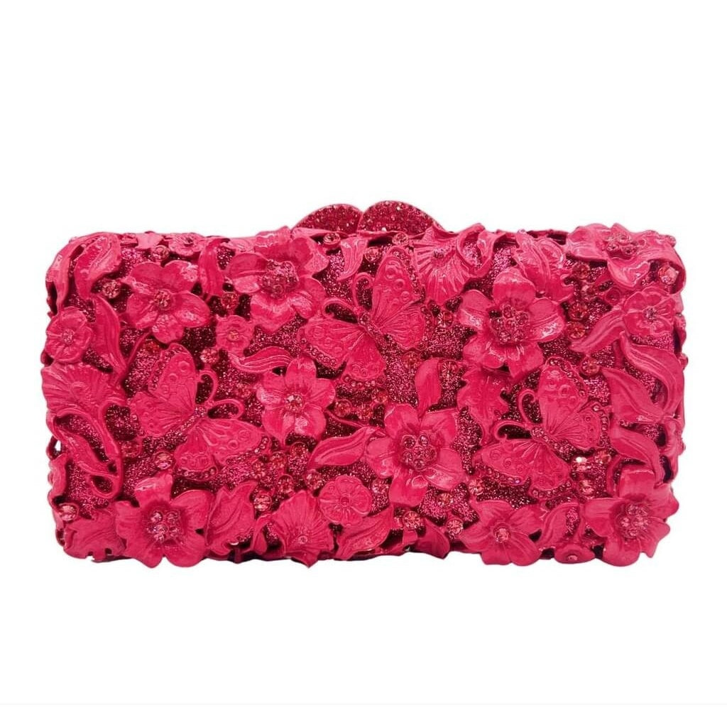 Magenta Garden Enamel Hollow Floral Clutch - Rose Red