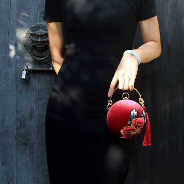 Designer Circular Velvet Evening Purse with Peony Embroidery-Maroon - - Luxury bags by WAAMII