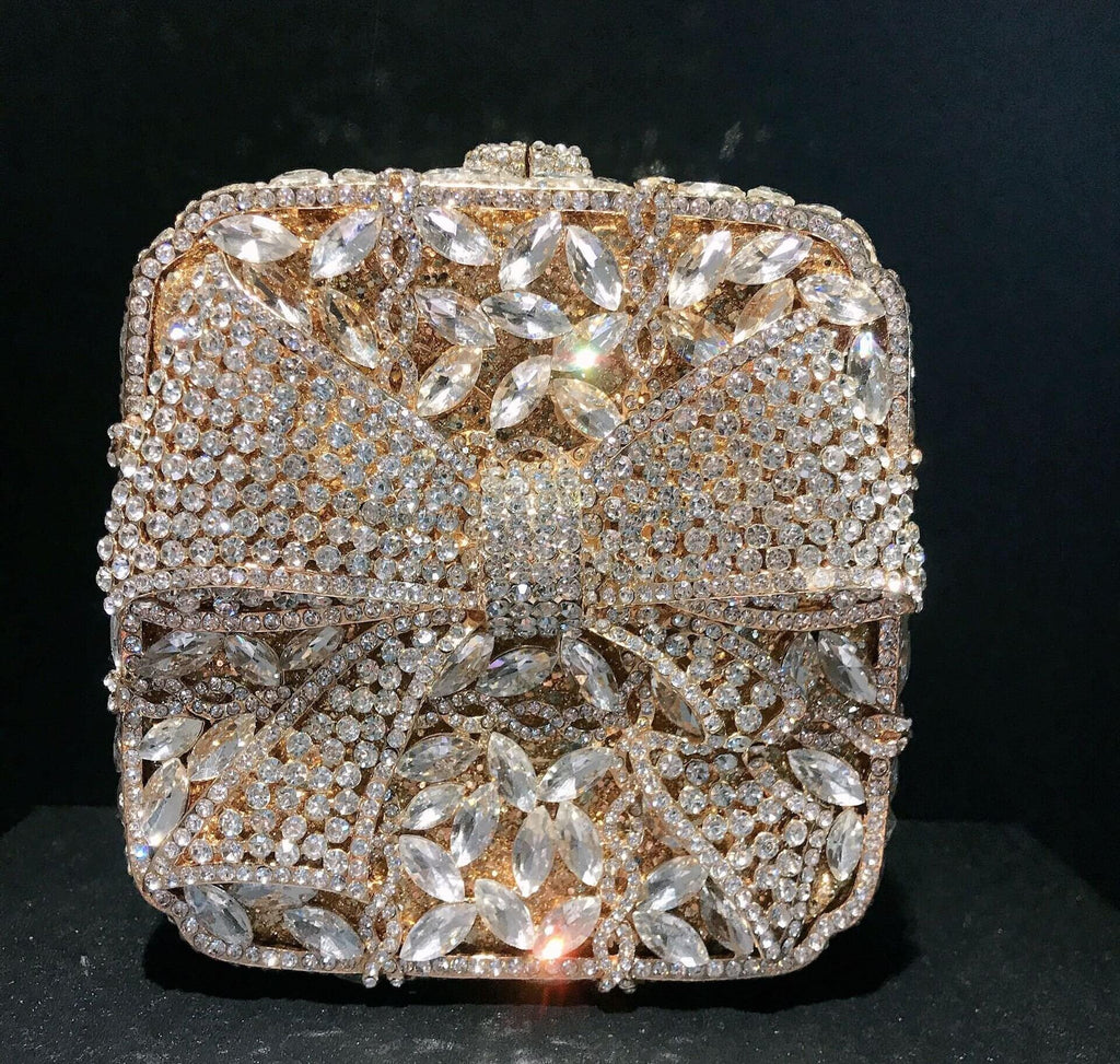 Noelle Bow Gift Box Clutch - Golden White Diamond