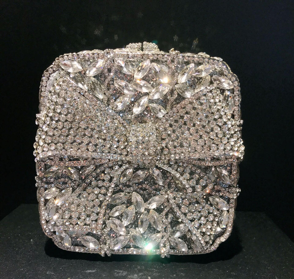 Noelle Bow Gift Box Clutch - Silver White Diamond