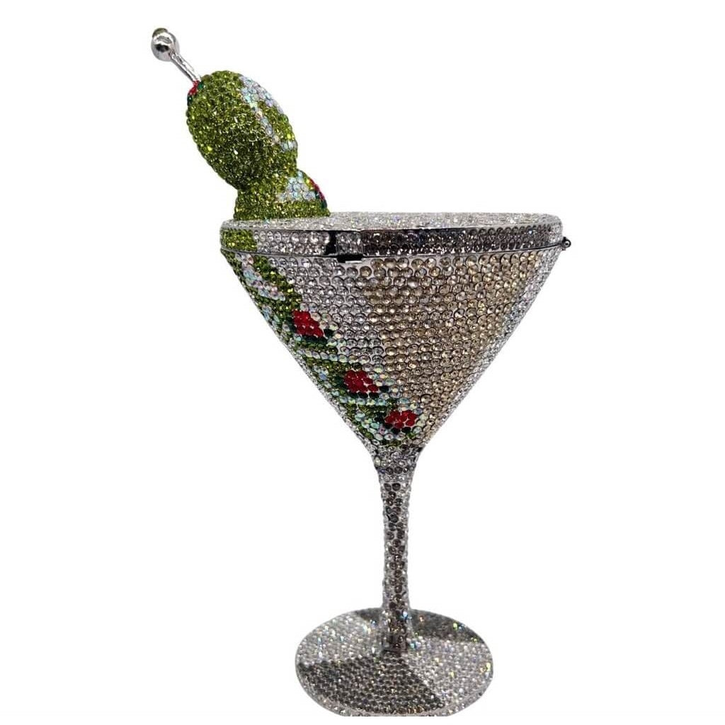Olive Serenade Martini Rhinestone Clutch - Silver Color