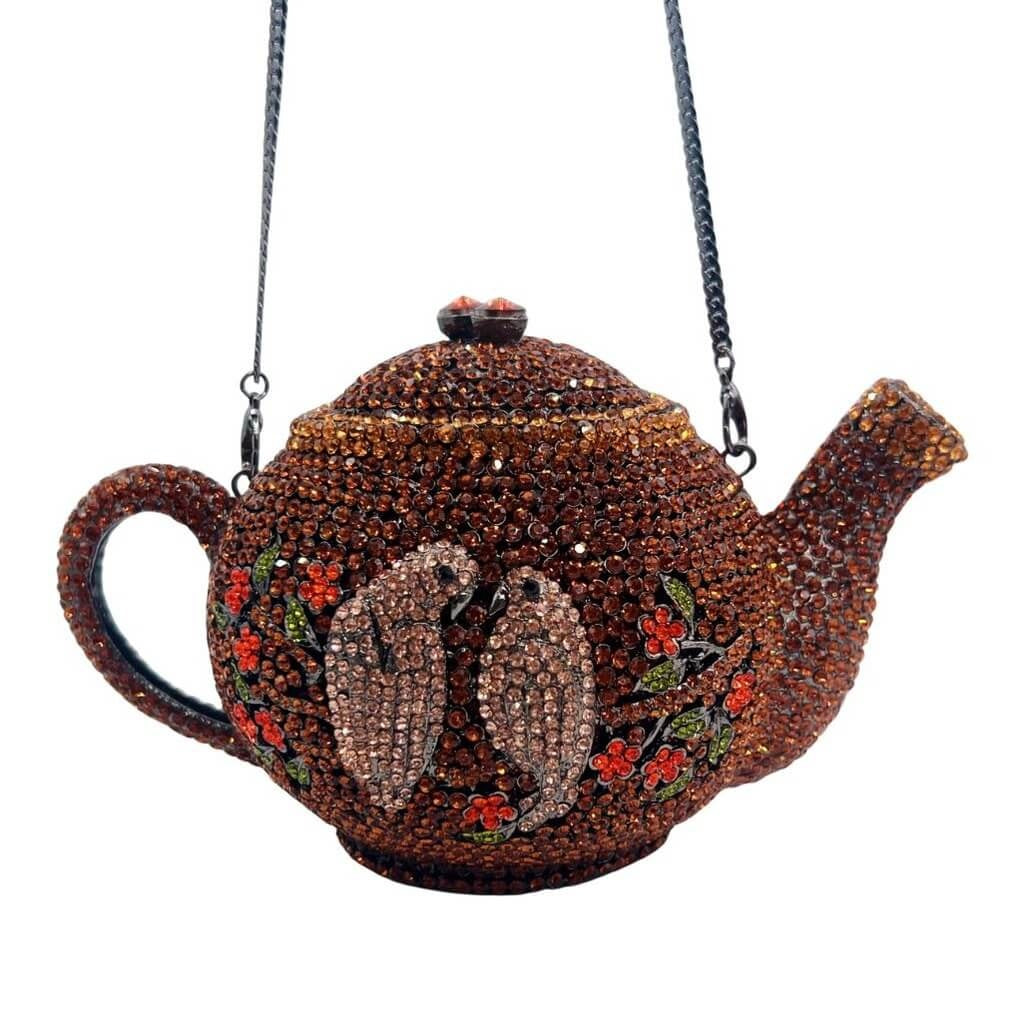 Parrot Teapot Novelty Crystal Party Purse - Brown