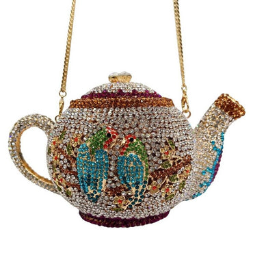 Parrot Teapot Novelty Crystal Party Purse - Gold Color