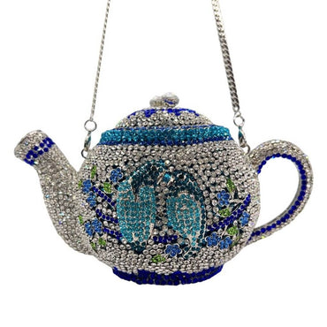 Parrot Teapot Novelty Crystal Party Purse - Silver Blue