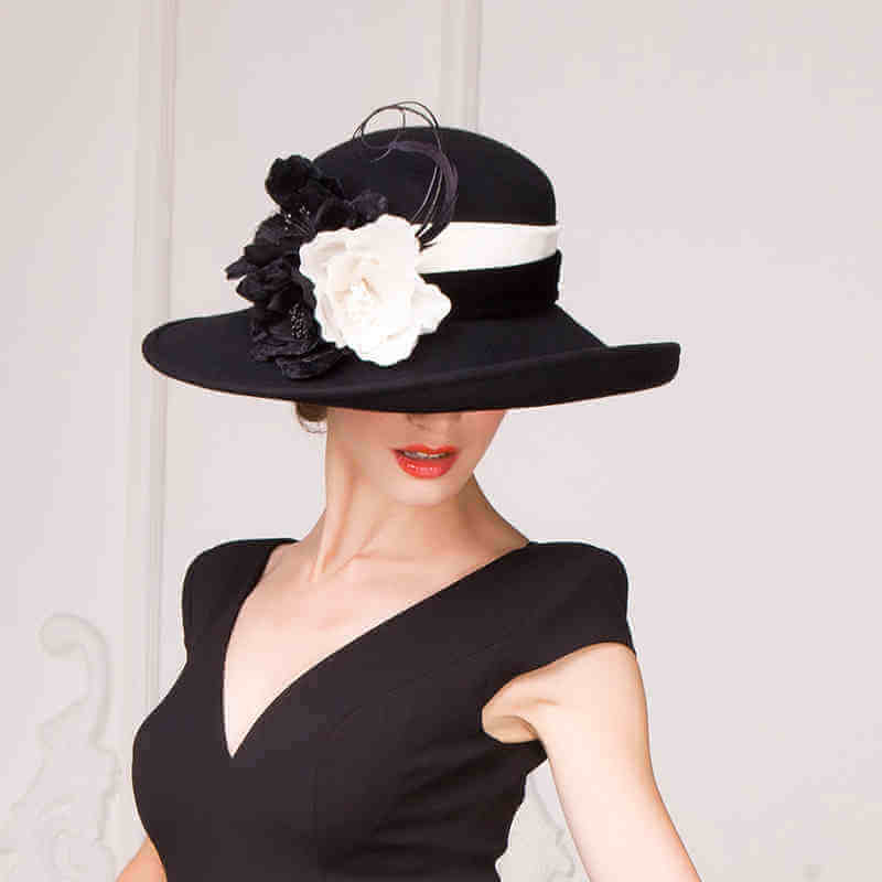 British Wide Brim Vintage Church Dress Hat, Bla