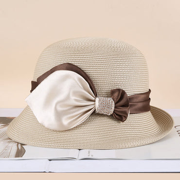 Champagne and camel bow sun hat for women, crystal detail