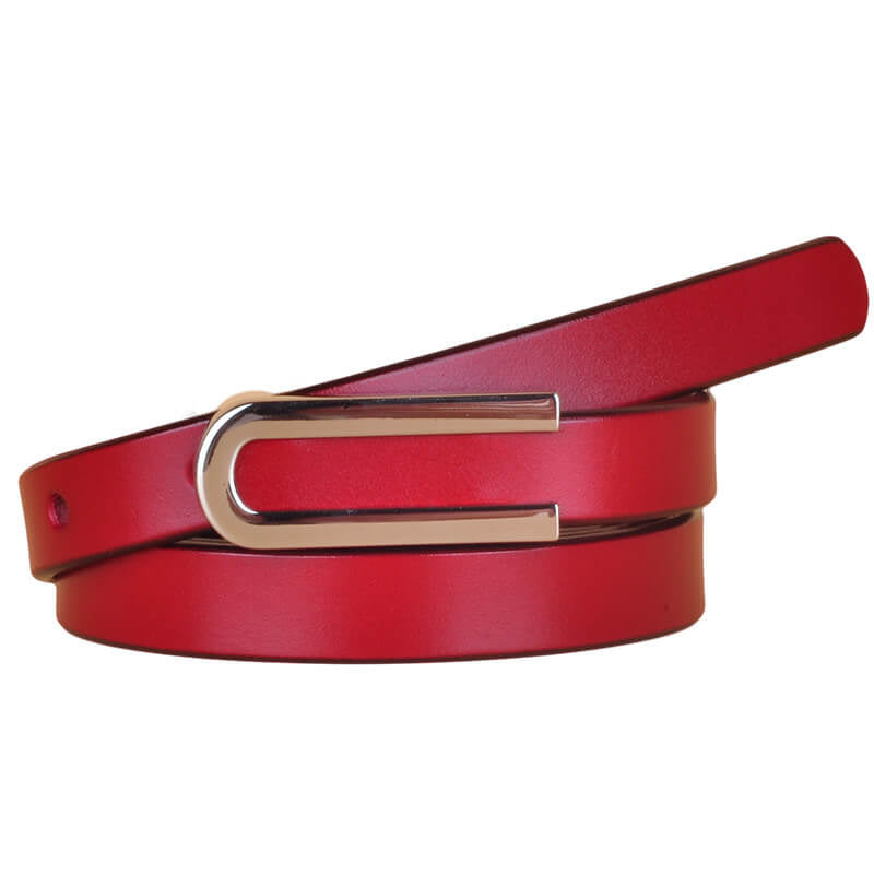 Elegant Thin Leather Belt with Silver U Buckle