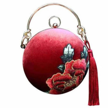 Designer Circular Velvet Evening Purse with Peony Embroidery-Maroon - ball-shaped big size 18cm(fits phones up to 6.1 inches) - Luxury bags by WAAMII