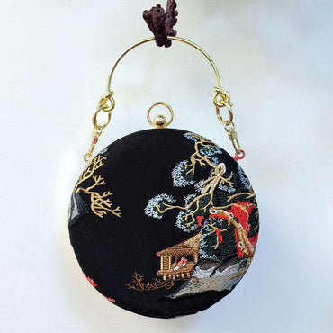 Vintage Embroidery Evening Clutch Purse-Spring Scenery-black - ball shape - Luxury bags by WAAMII