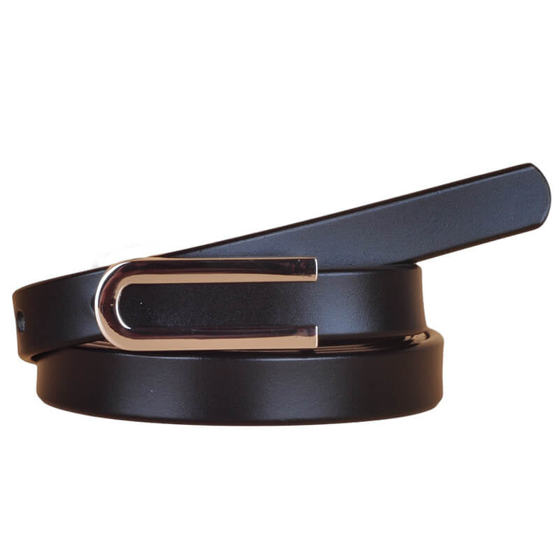 Elegant Thin Leather Belt with Silver U Buckle