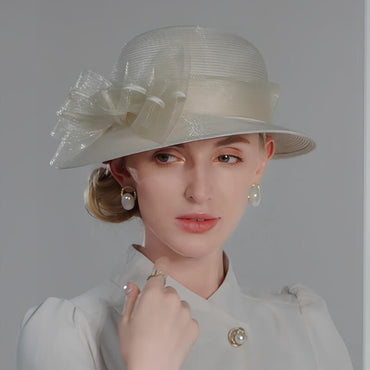 Champagne Dome Top Hat with Decorative Bow – Elegant Sun Hat