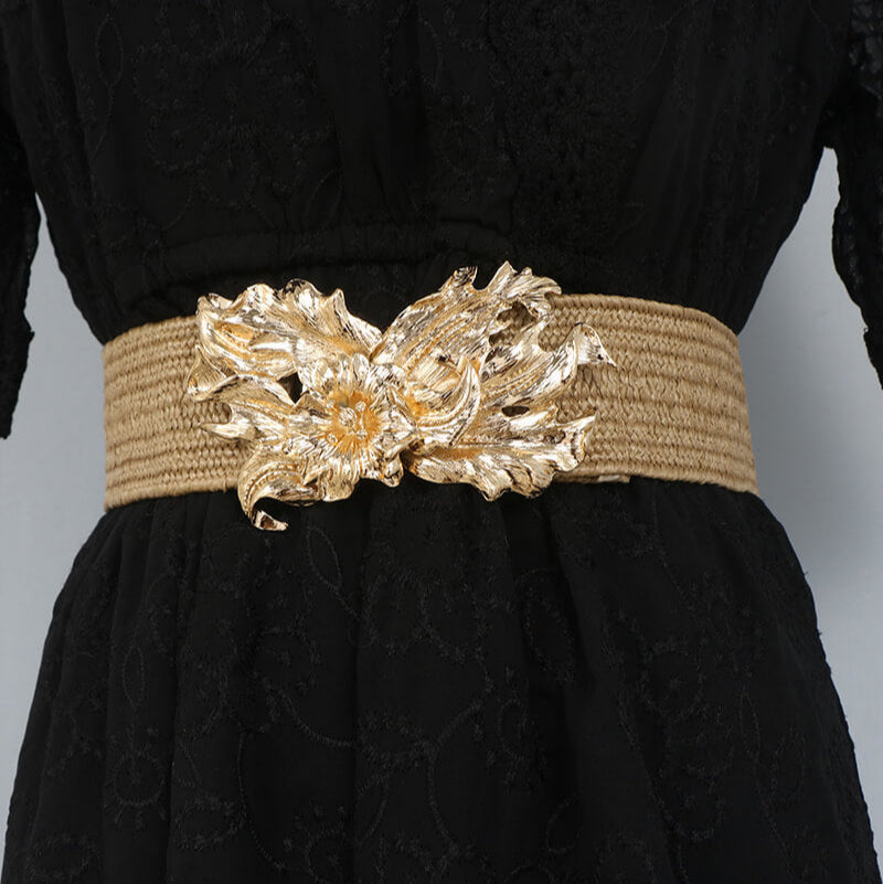 Wide Elastic Women's Belt with Gold Floral Buckle for Dresses-WG112, Khaki Wide Elastic Women's Belt with Gold Floral Buckle for Dresses-WG112, Khaki