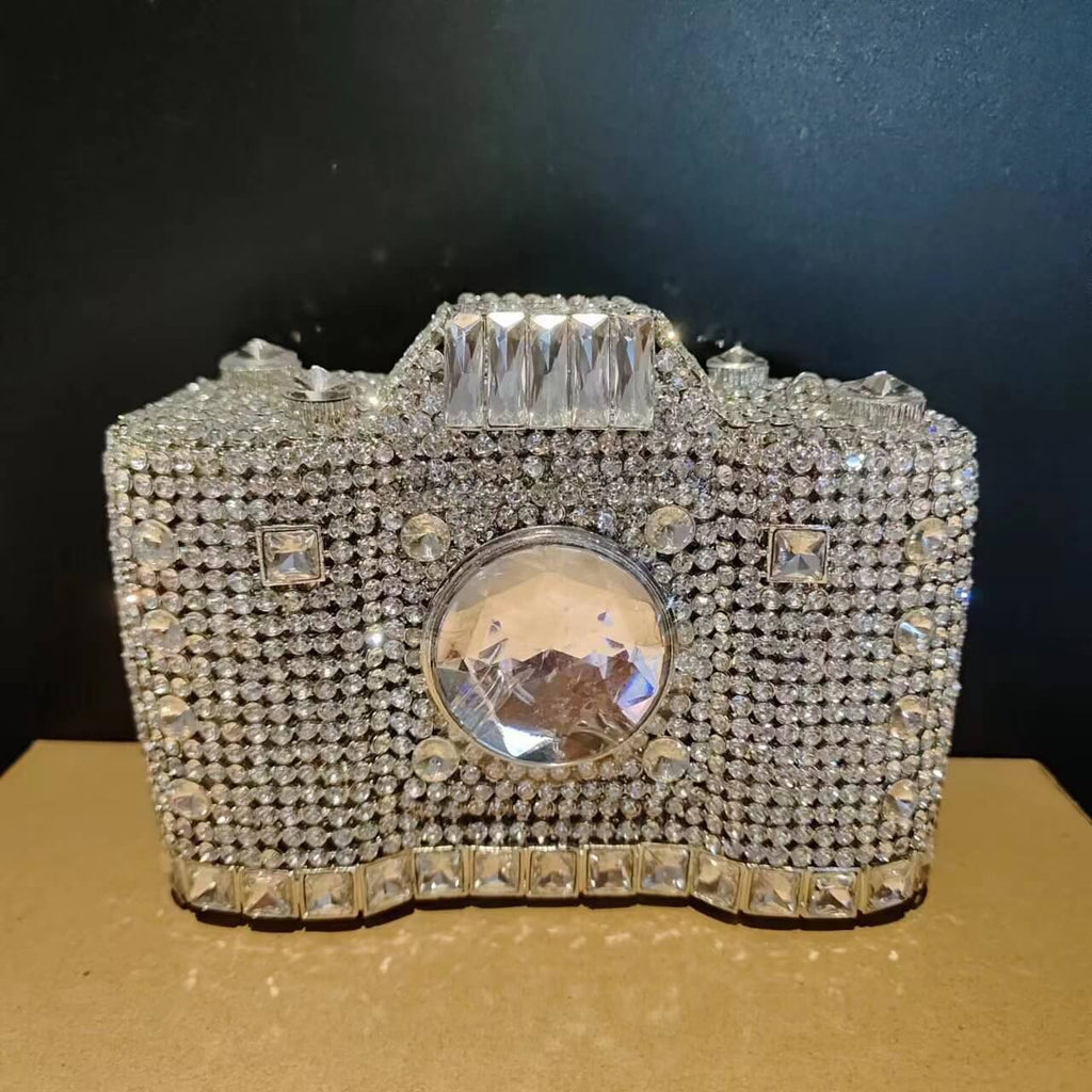 Camera Shape Rhinestone Clutch bags WAAMII Silver  