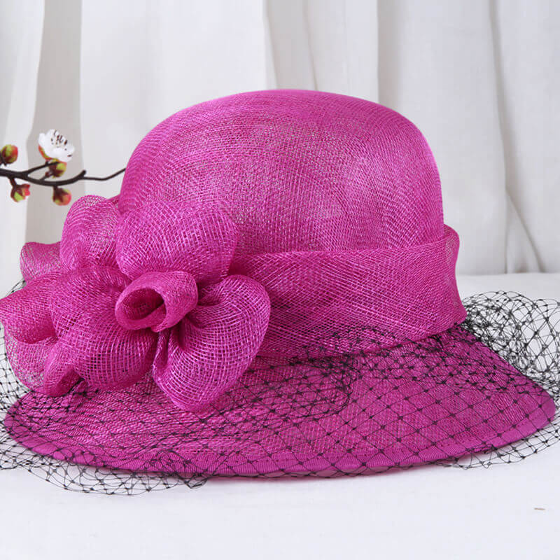 Rose Red Sinamay summer derby hat with flower accents and veil