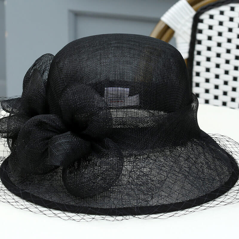 Black Sinamay summer derby hat with flower accents and veil