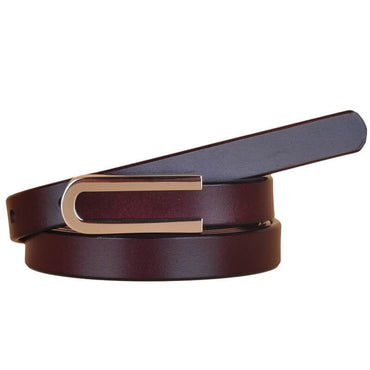 Elegant Thin Leather Belt with Silver U Buckle