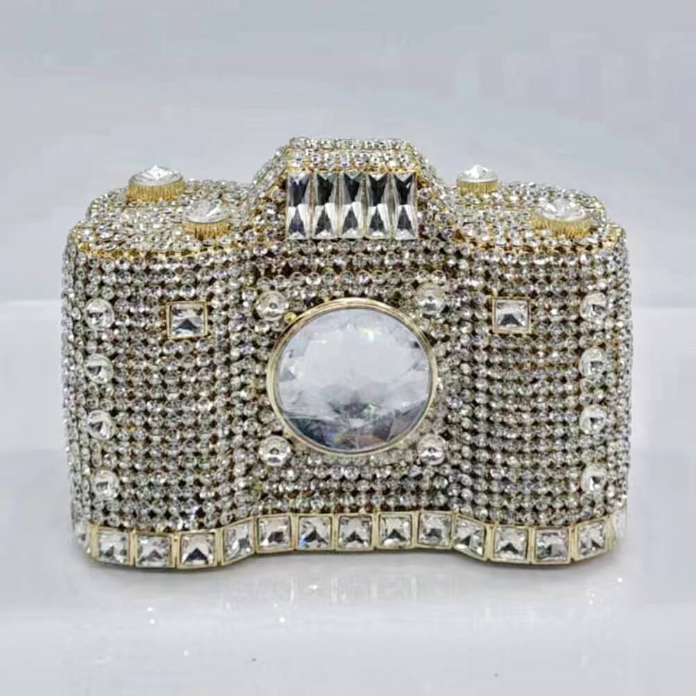 Camera Shape Rhinestone Clutch bags WAAMII Gold white  