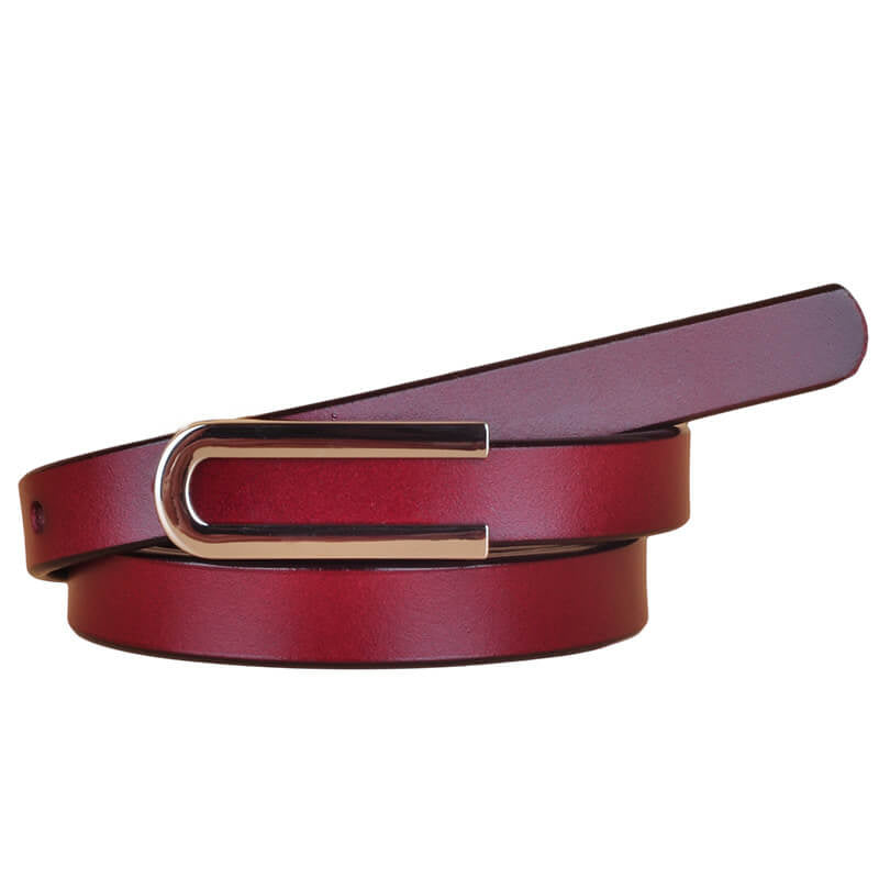 Elegant Thin Leather Belt with Silver U Buckle
