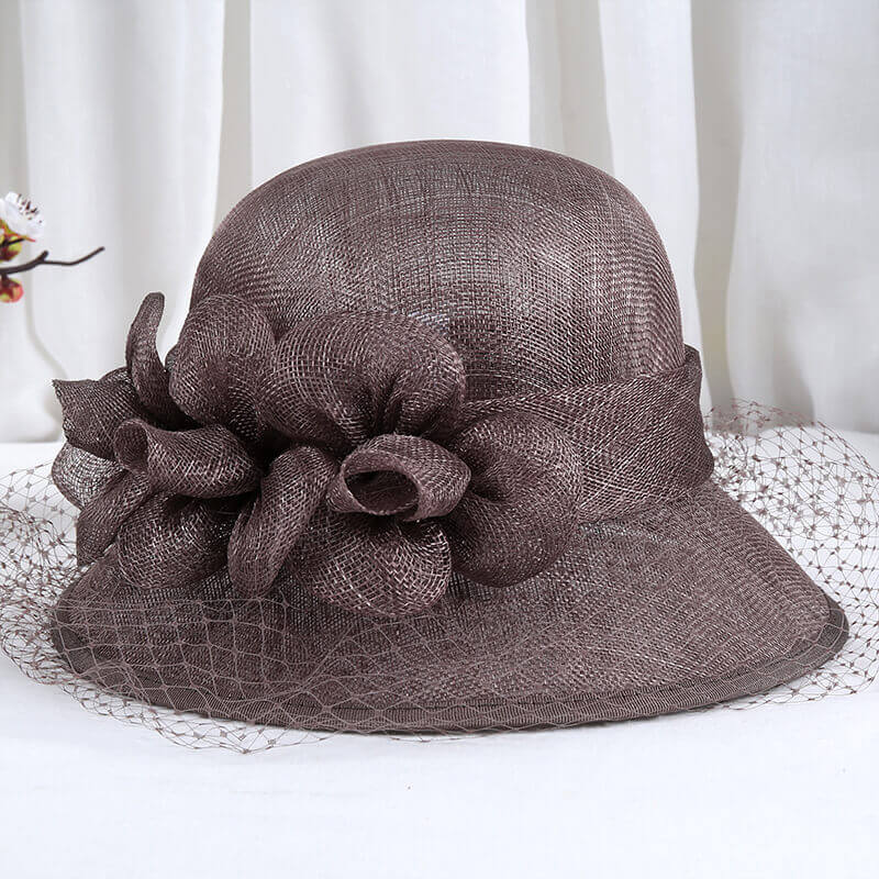 Coffee Sinamay summer derby hat with flower accents and veil