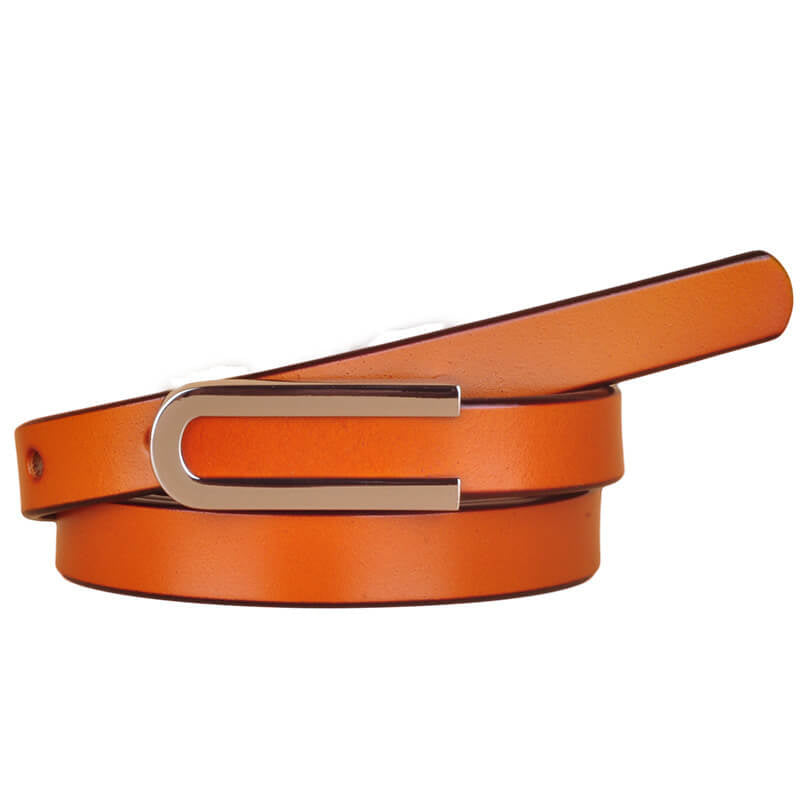 Elegant Thin Leather Belt with Silver U Buckle