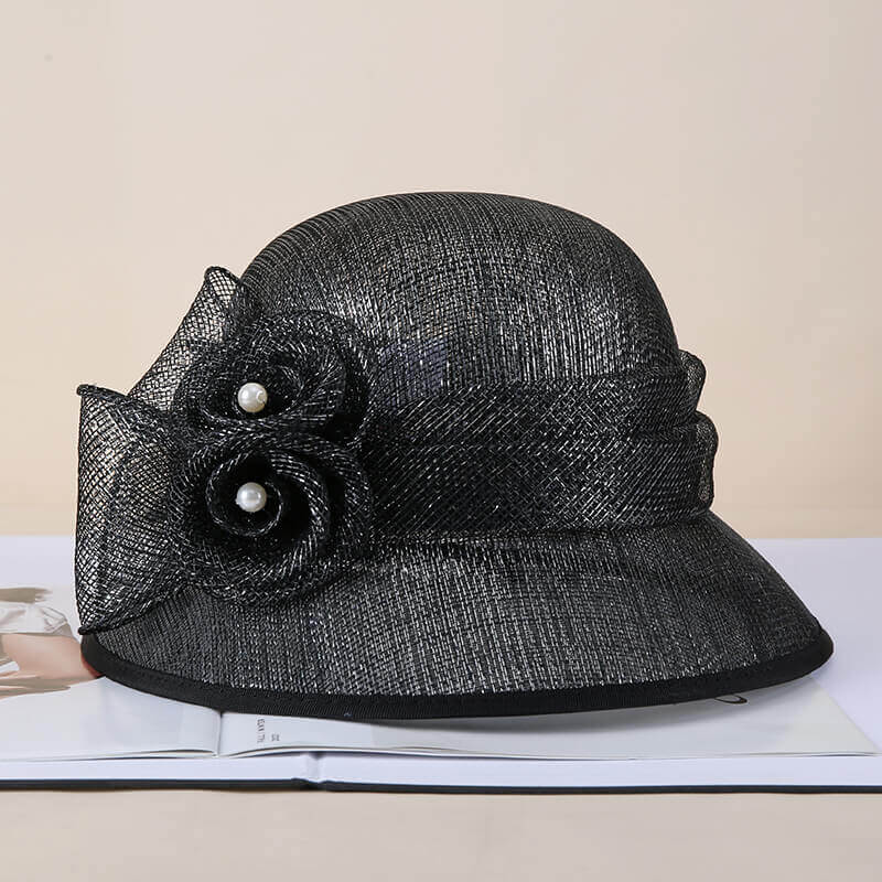 Black Sinamay summer derby hat with flower accents and veil